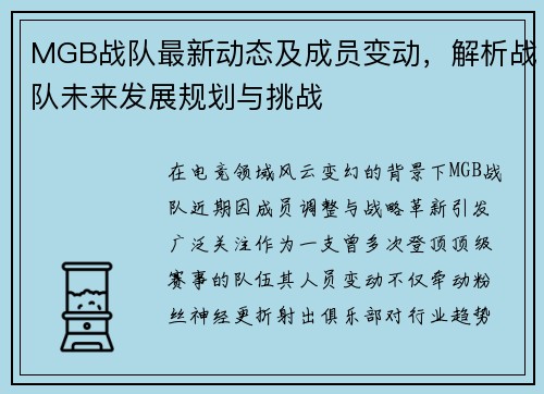 MGB战队最新动态及成员变动，解析战队未来发展规划与挑战